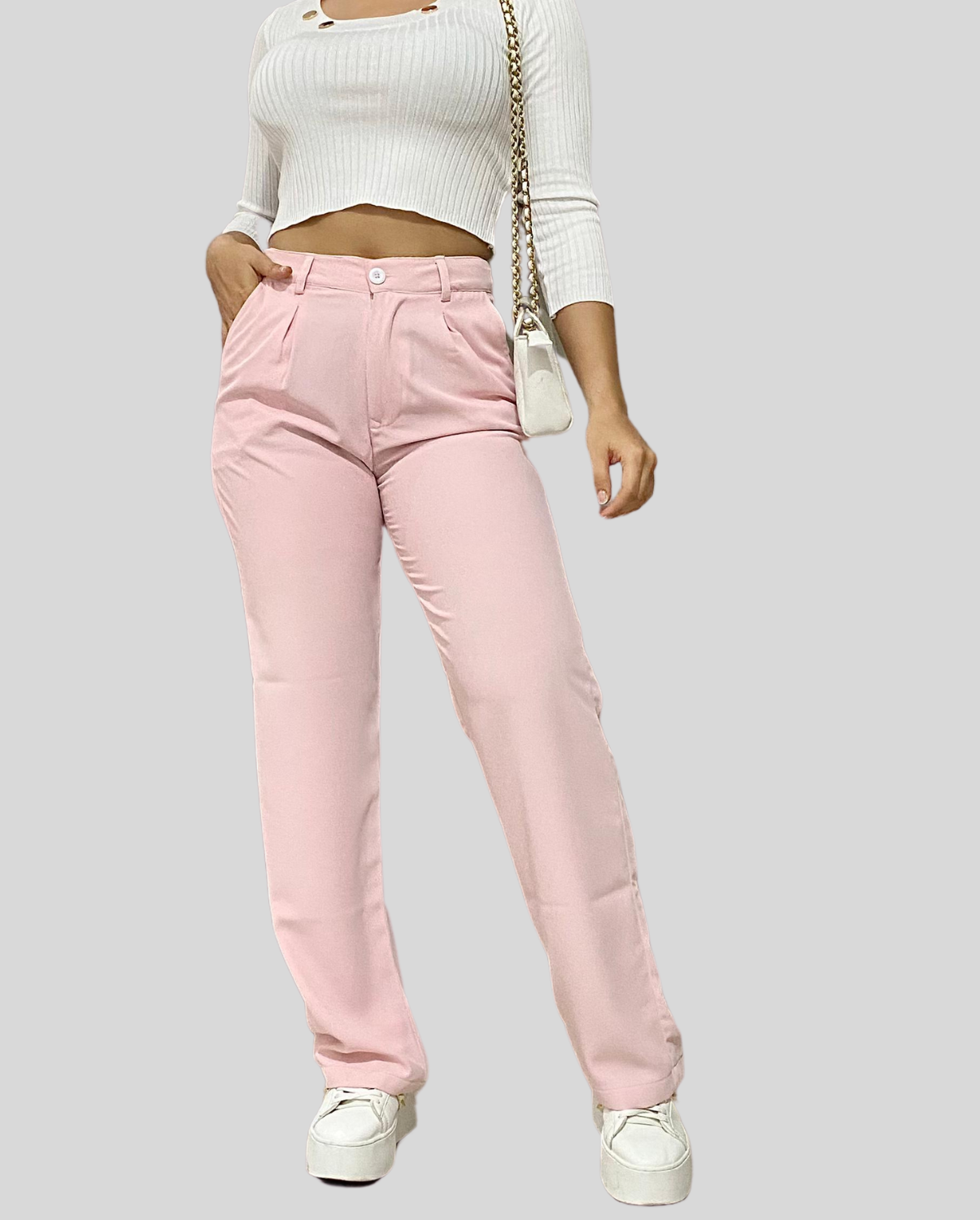 Ref: VI-2733 Pantalón straight leg con prenses, tono rosado, tiro alto, tejido plano liviano.