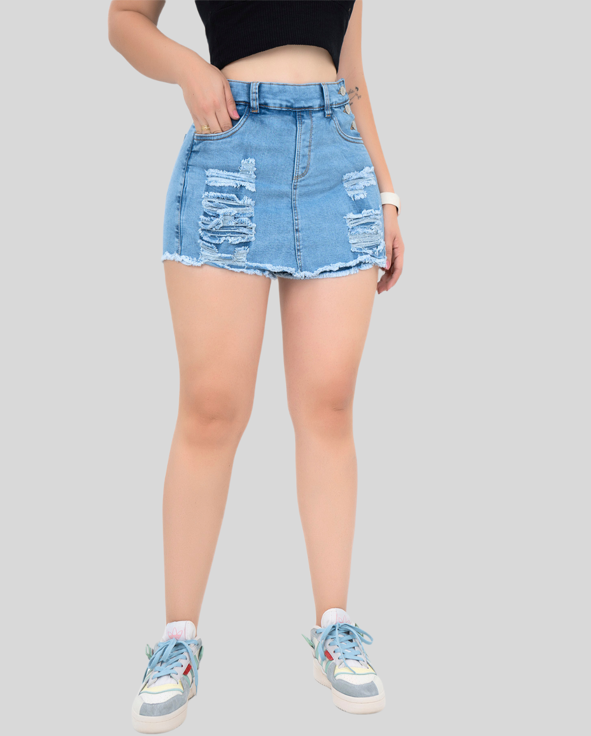 Ref: FS-001 Falda short en stretch, levanta cola, botones laterales, color azul
