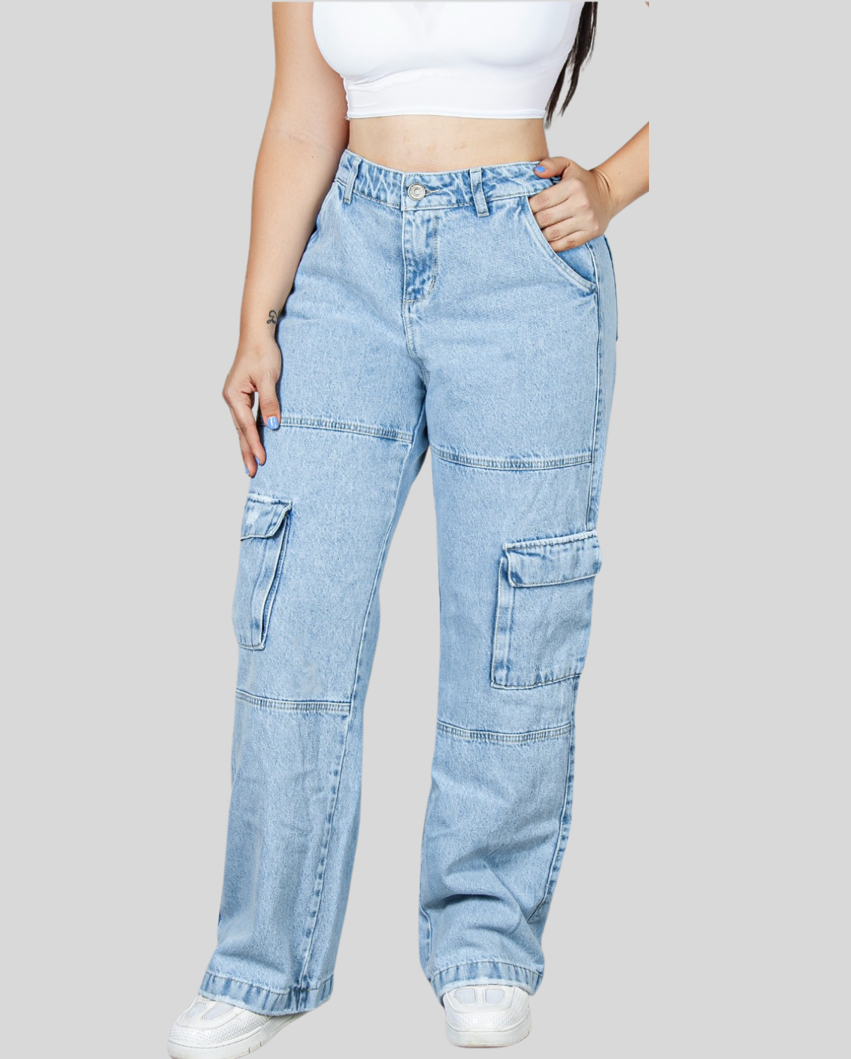 Ref: JC0021 Pantalon cargo, rigido, silueta amplia, tiro alto, diseño con bolsillos frontales