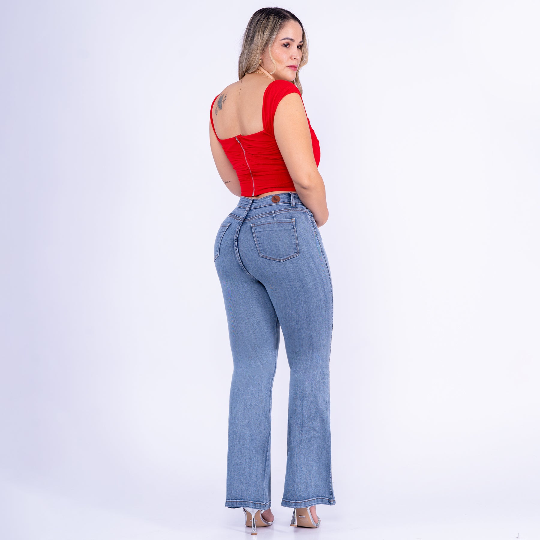 Ref: J-2270  Jean denim shiny stretch bota recta azul claro