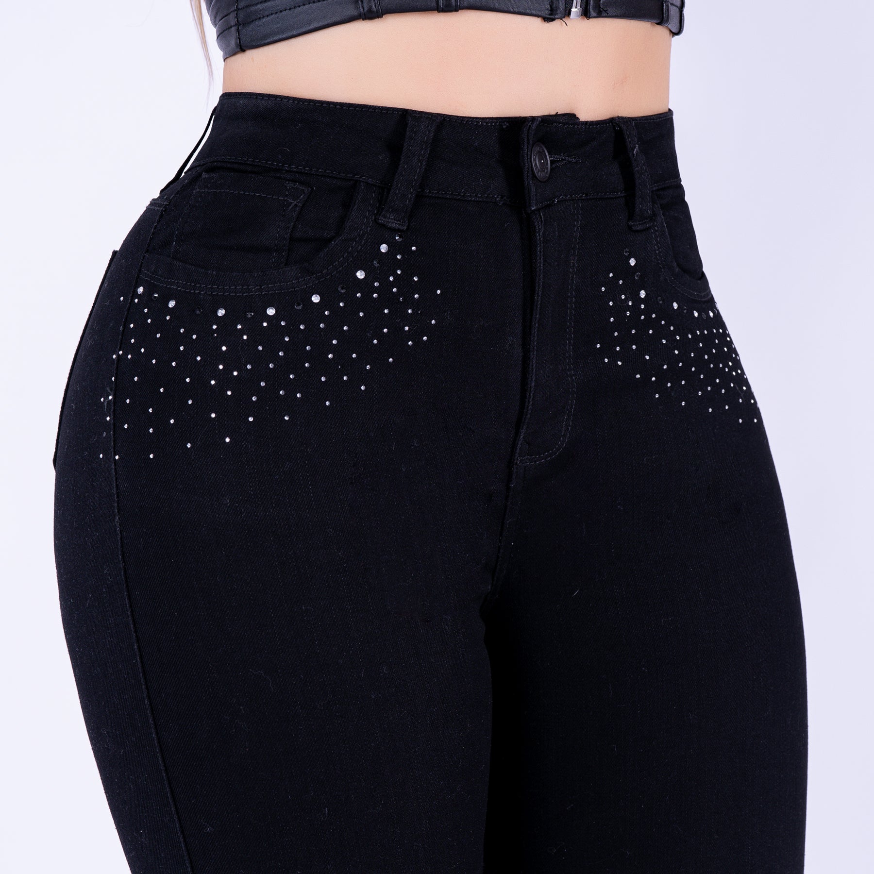 Ref:  J-2271 Pantalón shiny flare stretch, bota ancha, tiro alto, tono negro