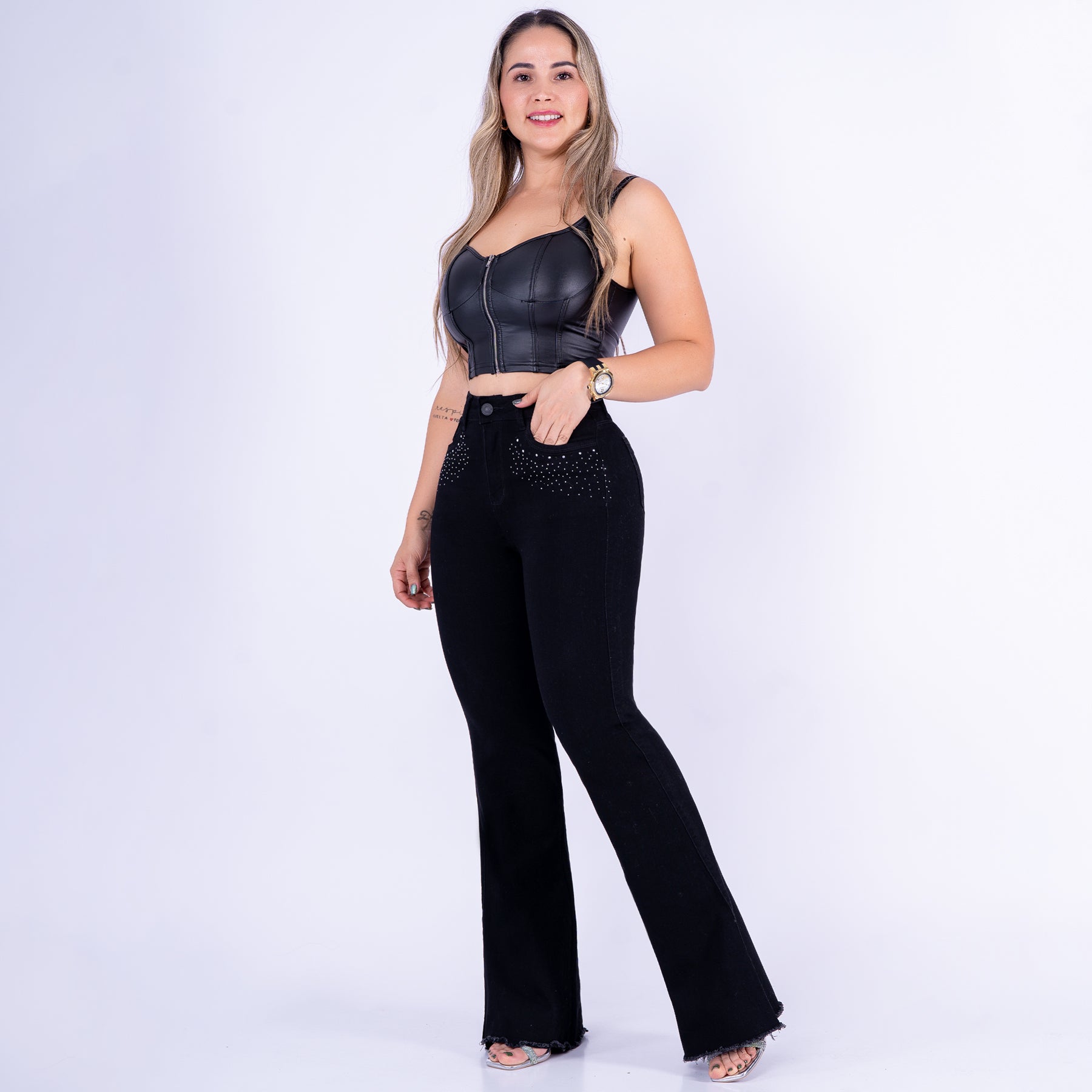 Ref:  J-2271 Pantalón shiny flare stretch, bota ancha, tiro alto, tono negro