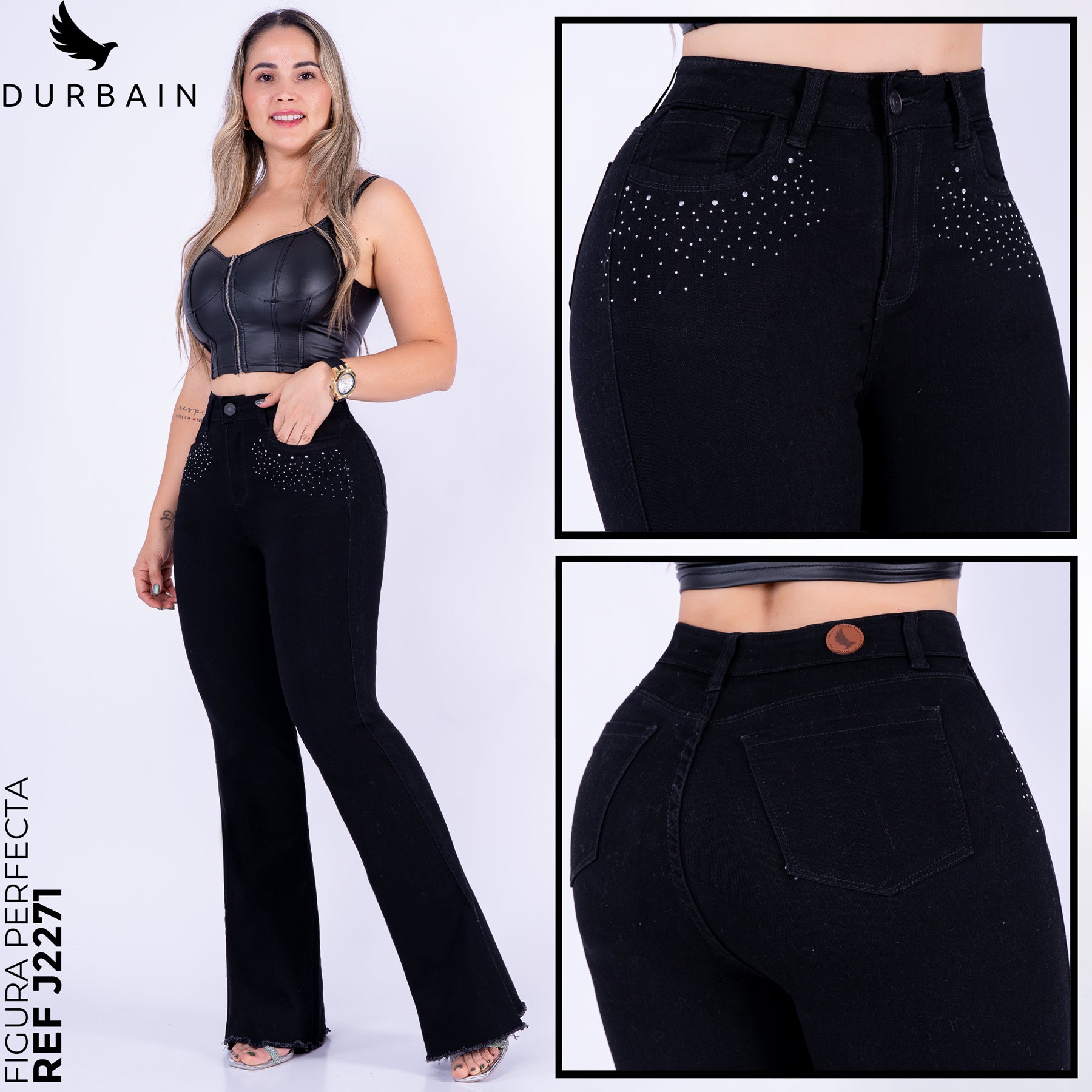 Ref:  J-2271 Pantalón shiny flare stretch, bota ancha, tiro alto, tono negro