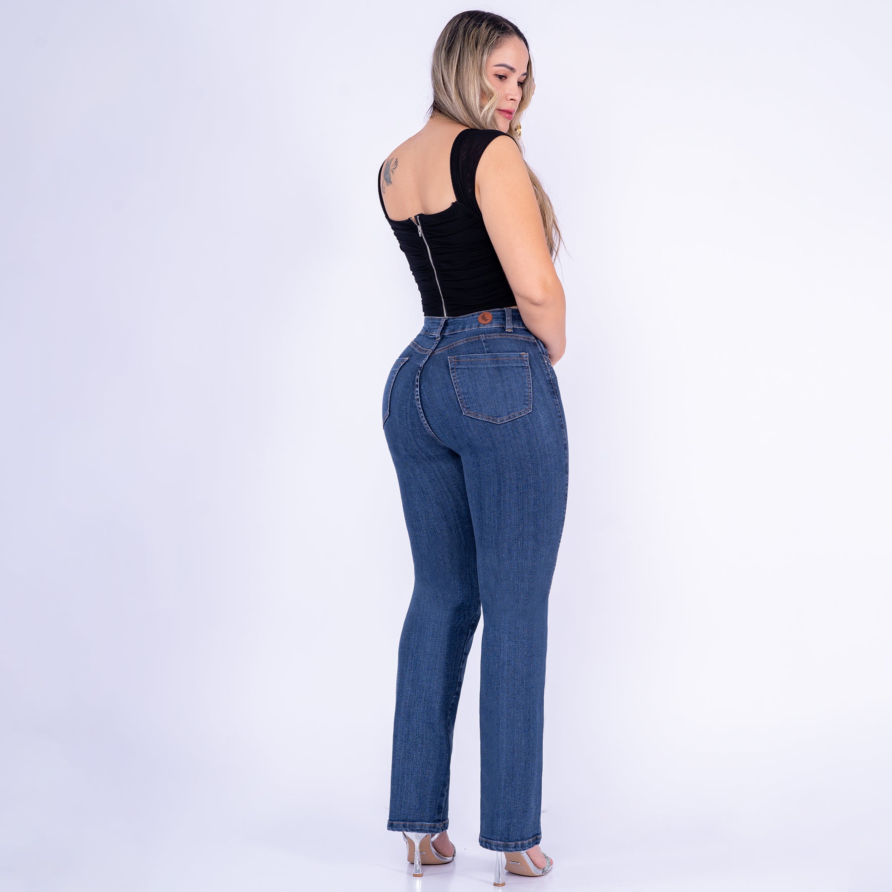 Ref: J-2272-1 Pantalón shiny flare stretch, bota ancha, tiro alto, tono azul oscuro