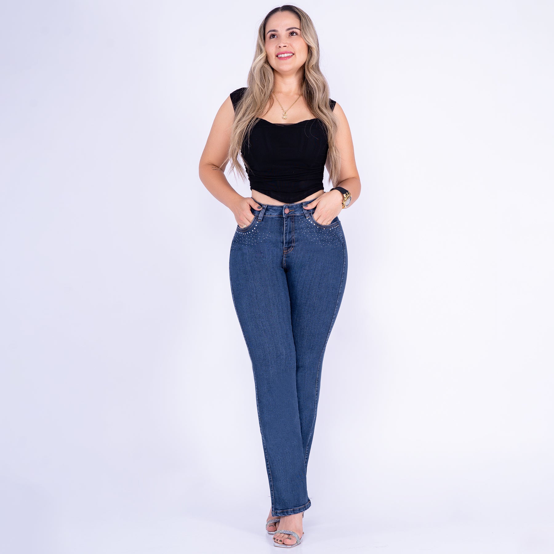 Ref: J-2272-1 Pantalón shiny flare stretch, bota ancha, tiro alto, tono azul oscuro