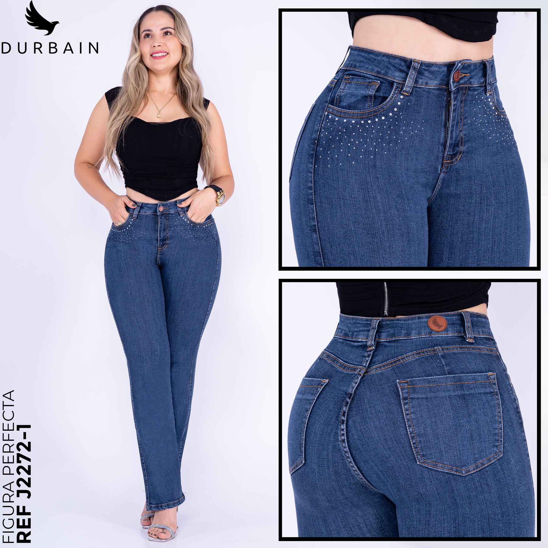 Ref: J-2272-1 Pantalón shiny flare stretch, bota ancha, tiro alto, tono azul oscuro