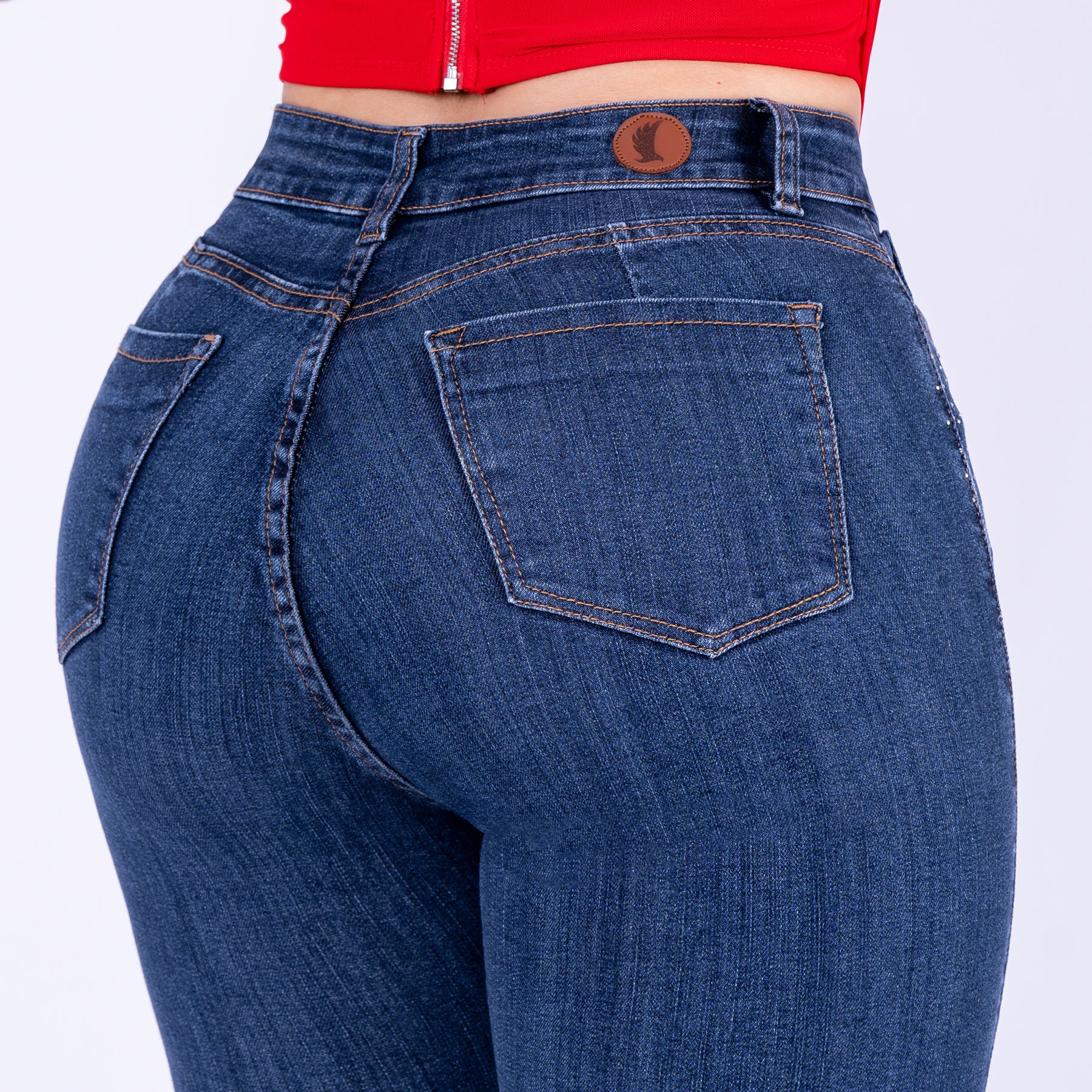 Ref: J-2272 Pantalón shiny flare stretch, bota ancha, tiro alto, tono azul oscuro