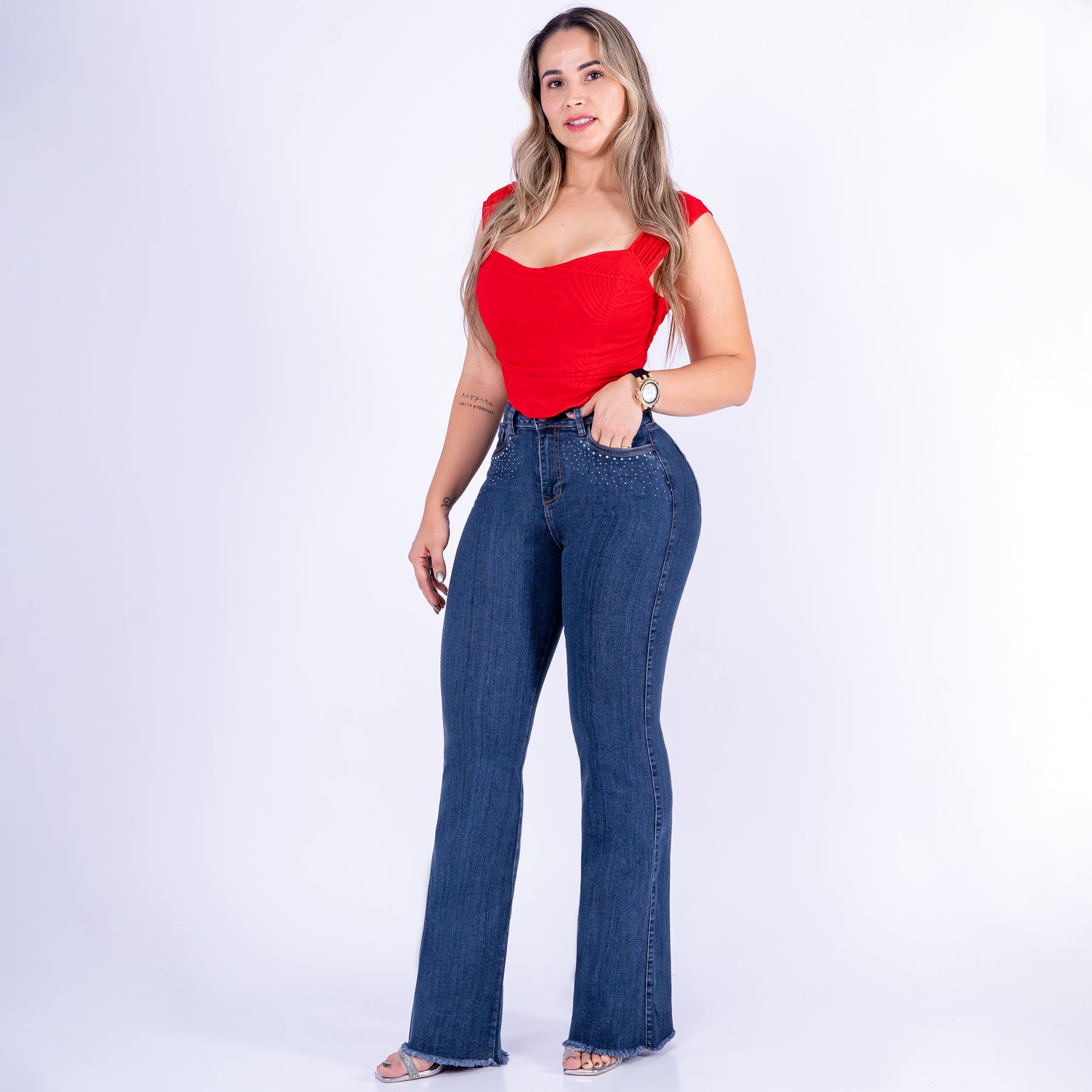 Ref: J-2272 Pantalón shiny flare stretch, bota ancha, tiro alto, tono azul oscuro