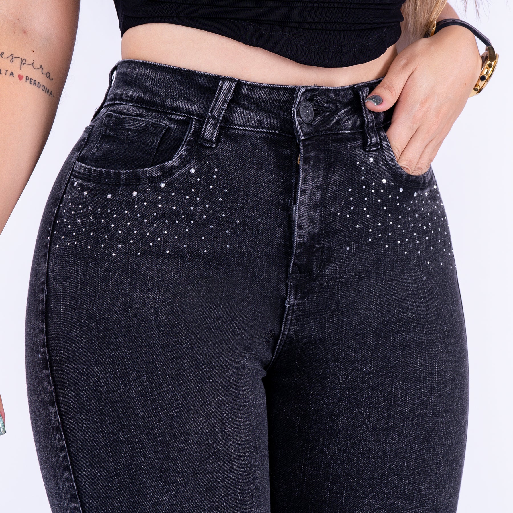 Ref: J-2273 shiny denim flare stretch gris humo