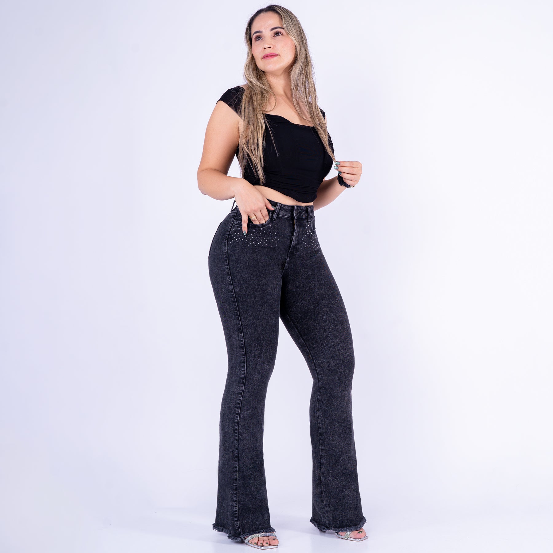 Ref: J-2273 shiny denim flare stretch gris humo