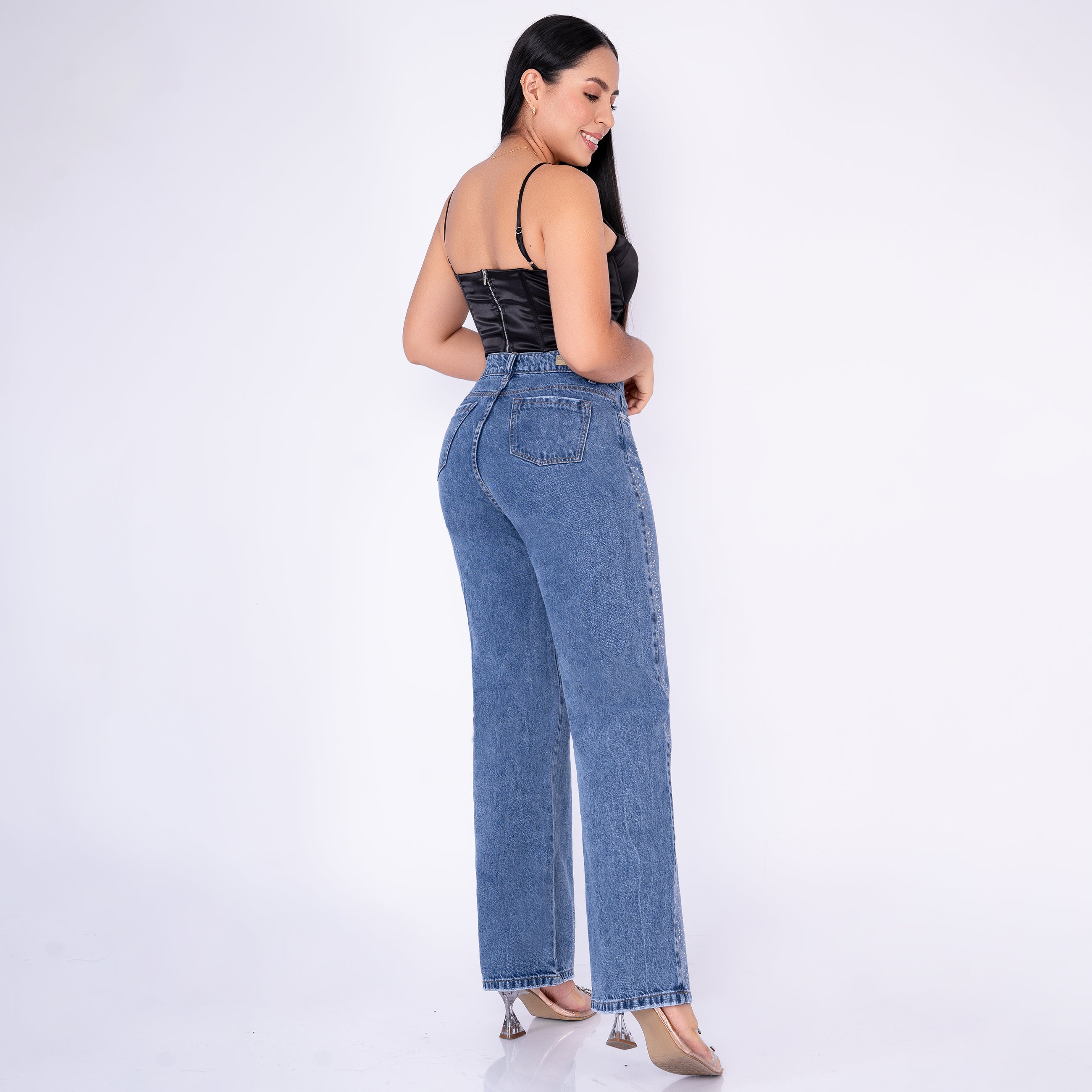 Ref: J-2275-1 PANTALON RIGIDO PALAZZO DE BRILLOS AZUL MEDIO