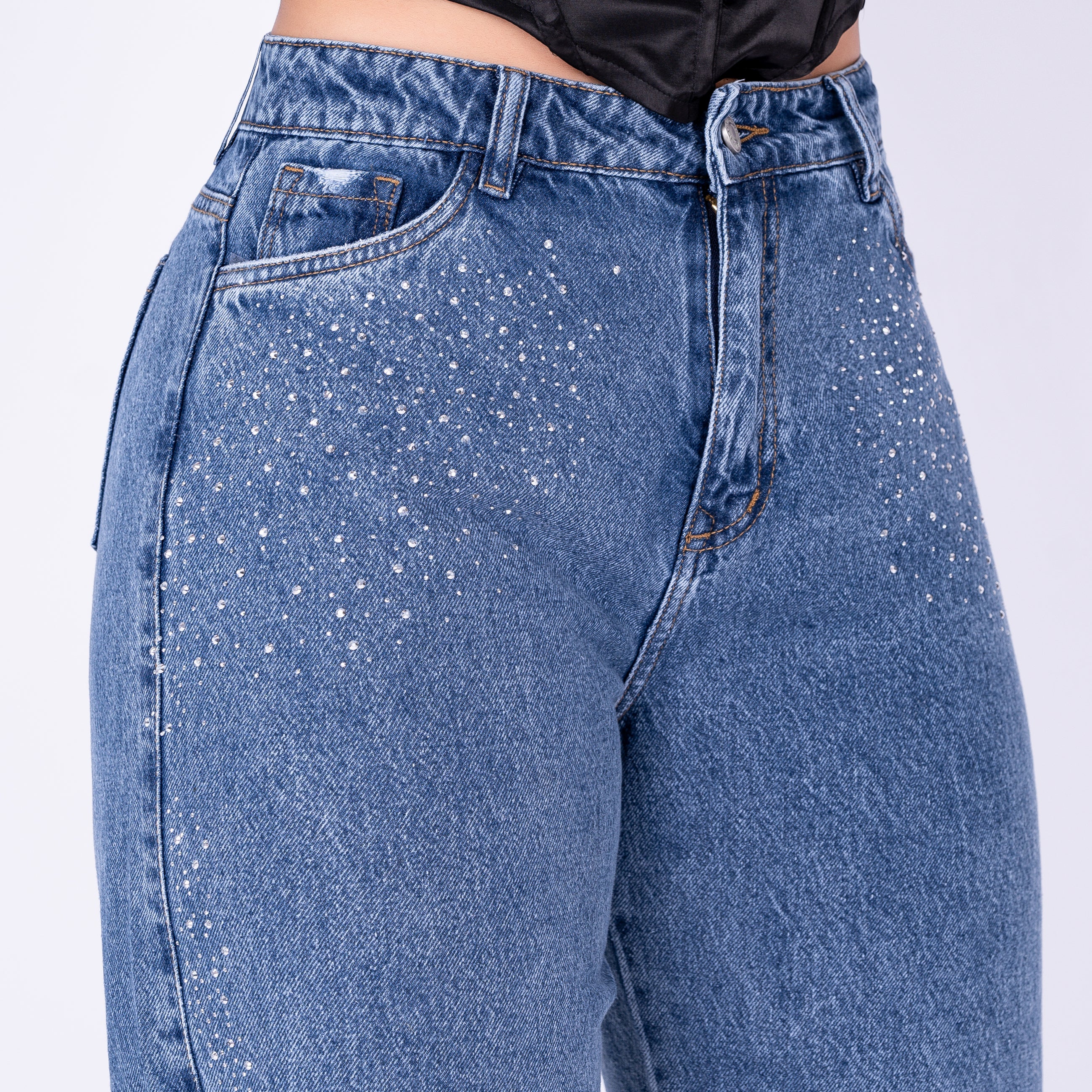 Ref: J-2275-1 PANTALON RIGIDO PALAZZO DE BRILLOS AZUL MEDIO