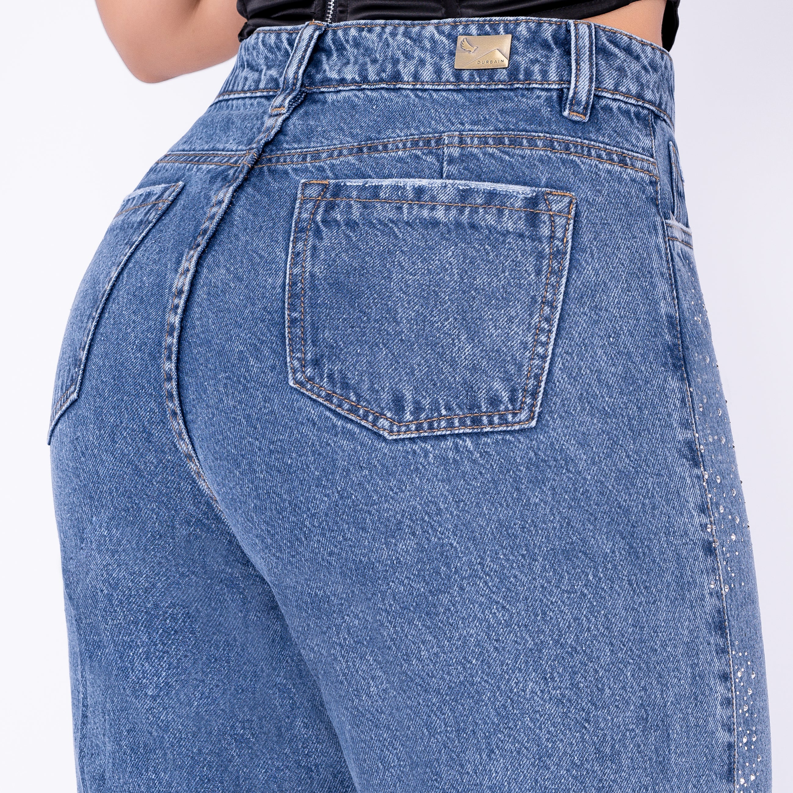 Ref: J-2275-1 PANTALON RIGIDO PALAZZO DE BRILLOS AZUL MEDIO