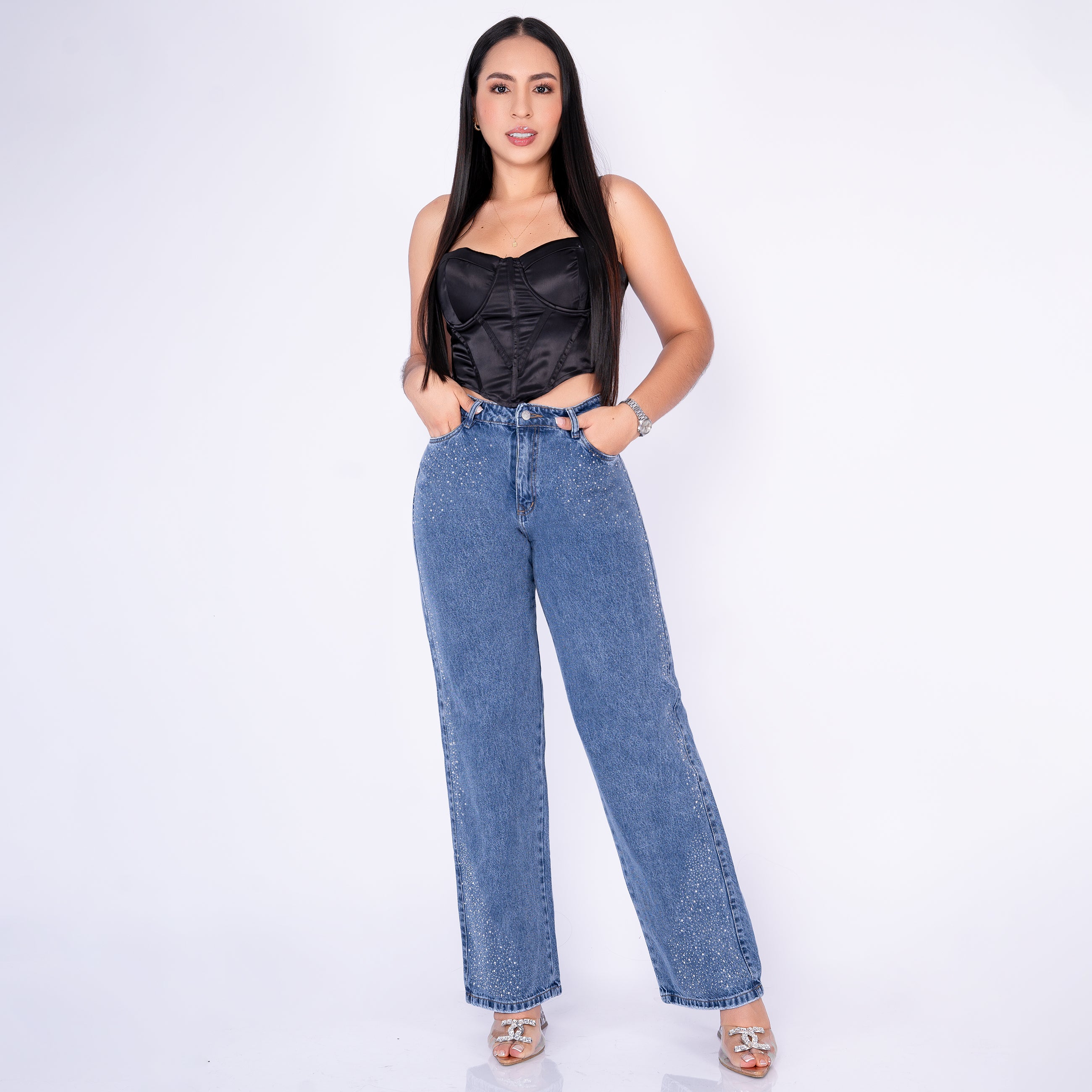 Ref: J-2275-1 PANTALON RIGIDO PALAZZO DE BRILLOS AZUL MEDIO