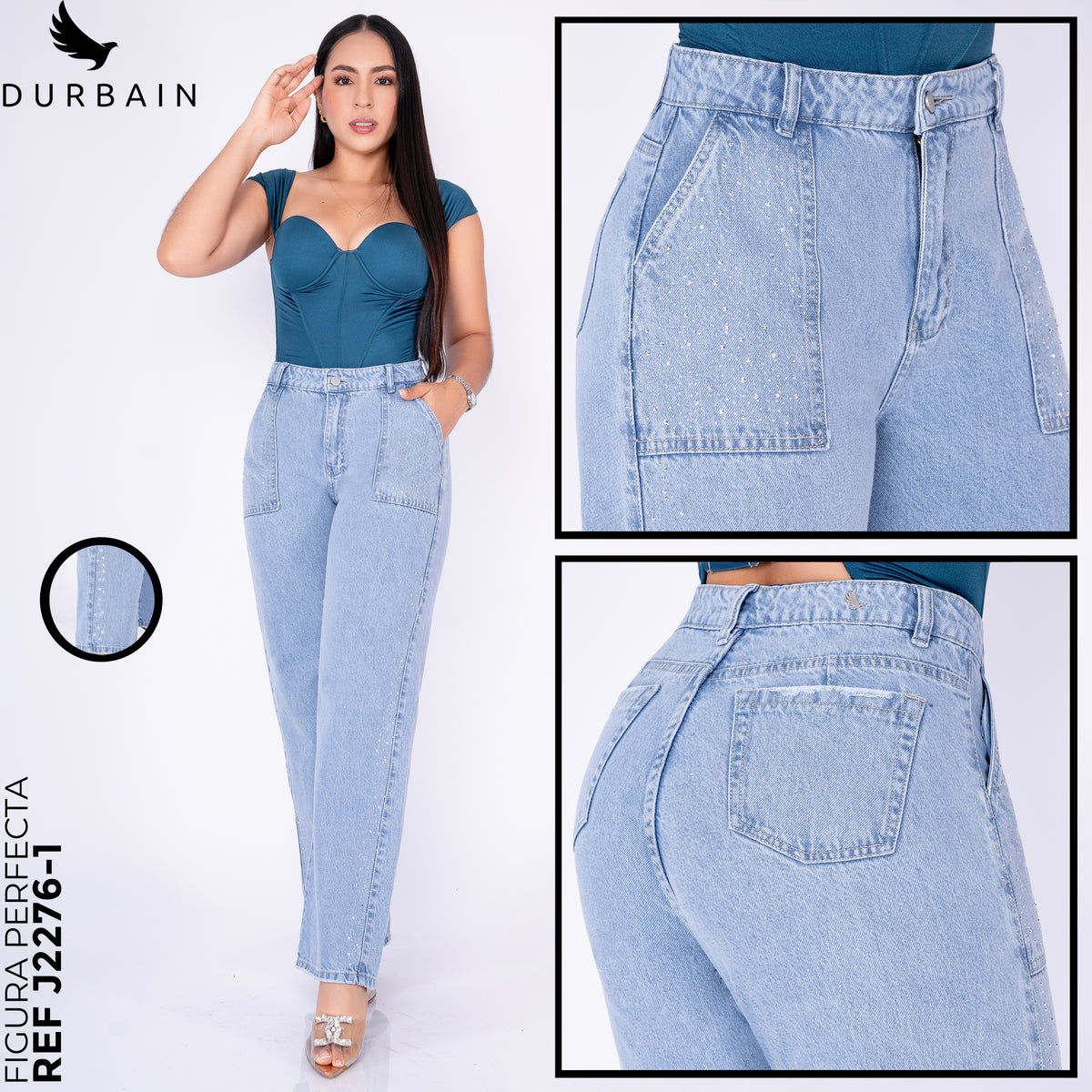 Ref: J-2276-1  PANTALON RIGIDO PALAZZO BOLSILLOS SOBRE PUESTO DE BRILLOS AZUL CLARO