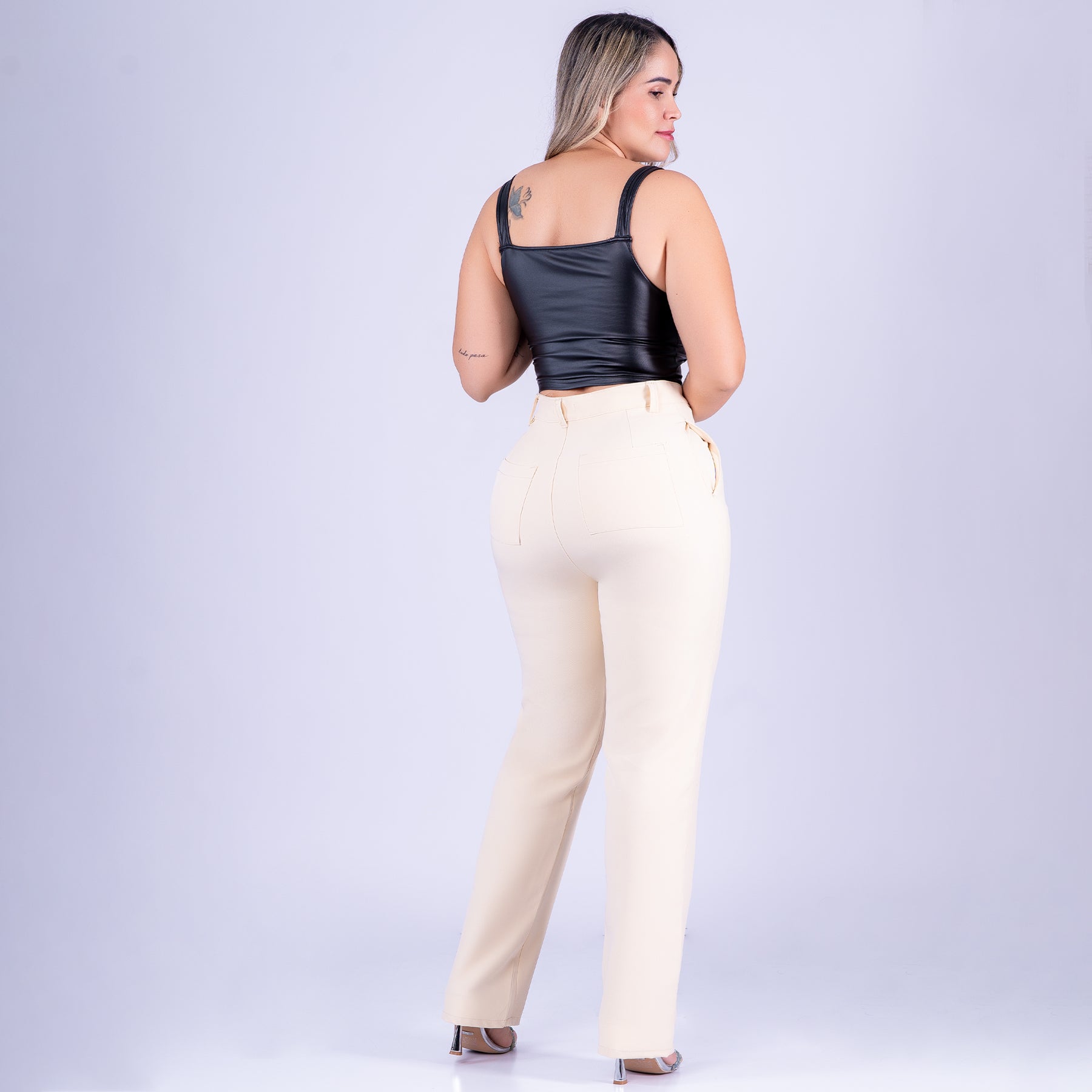 Ref: VI-2781 Pantalón liviano stretch, bota recta, tiro alto, tono Marfil