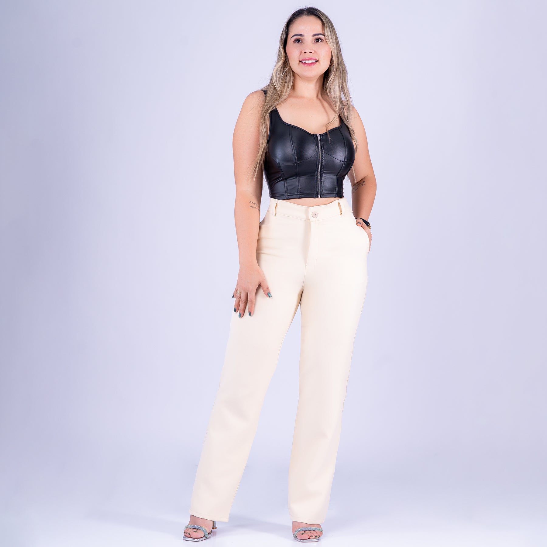 Ref: VI-2781 Pantalón liviano stretch, bota recta, tiro alto, tono Marfil
