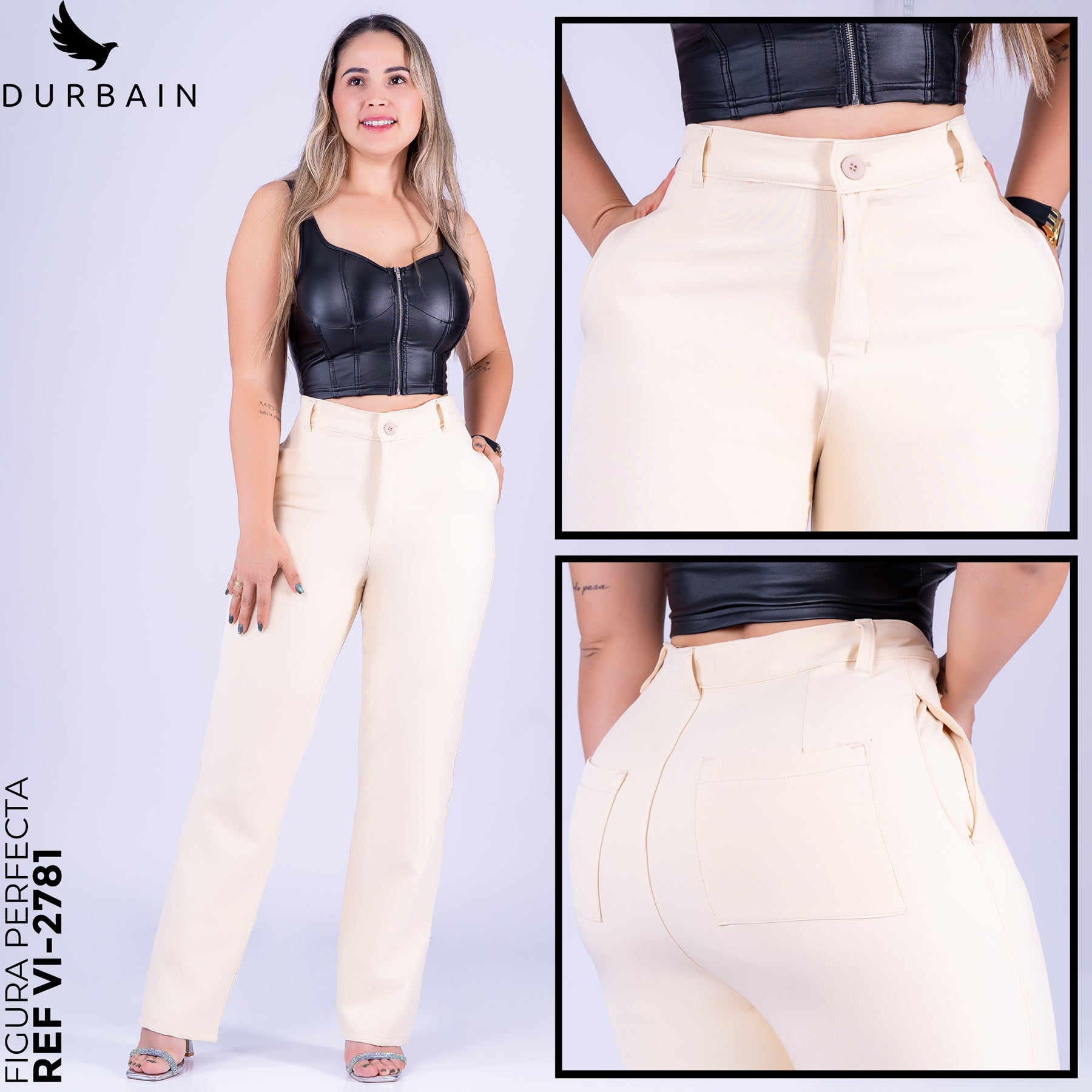 Ref: VI-2781 Pantalón liviano stretch, bota recta, tiro alto, tono Marfil