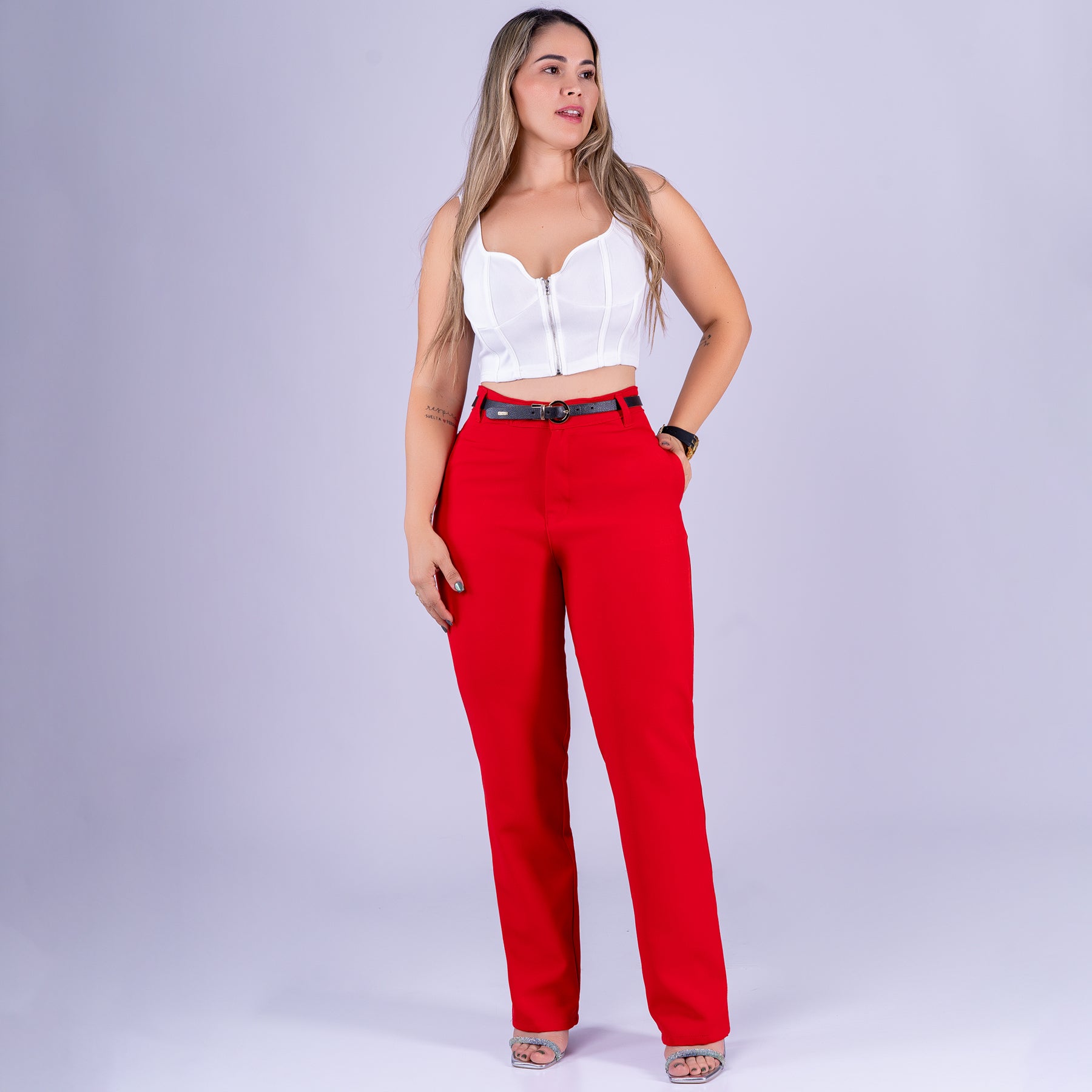 Ref: VI-2782 Pantalón liviano stretch, bota recta, tiro alto, tono rojo
