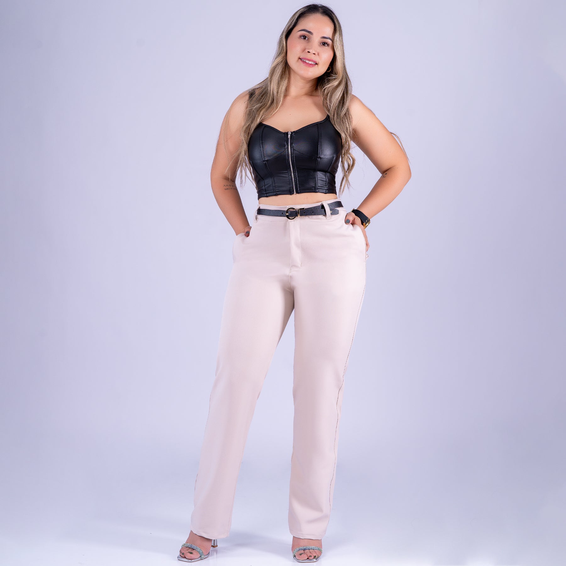Ref: VI-2783 Pantalón liviano stretch, bota recta, tiro alto, tono Caqui