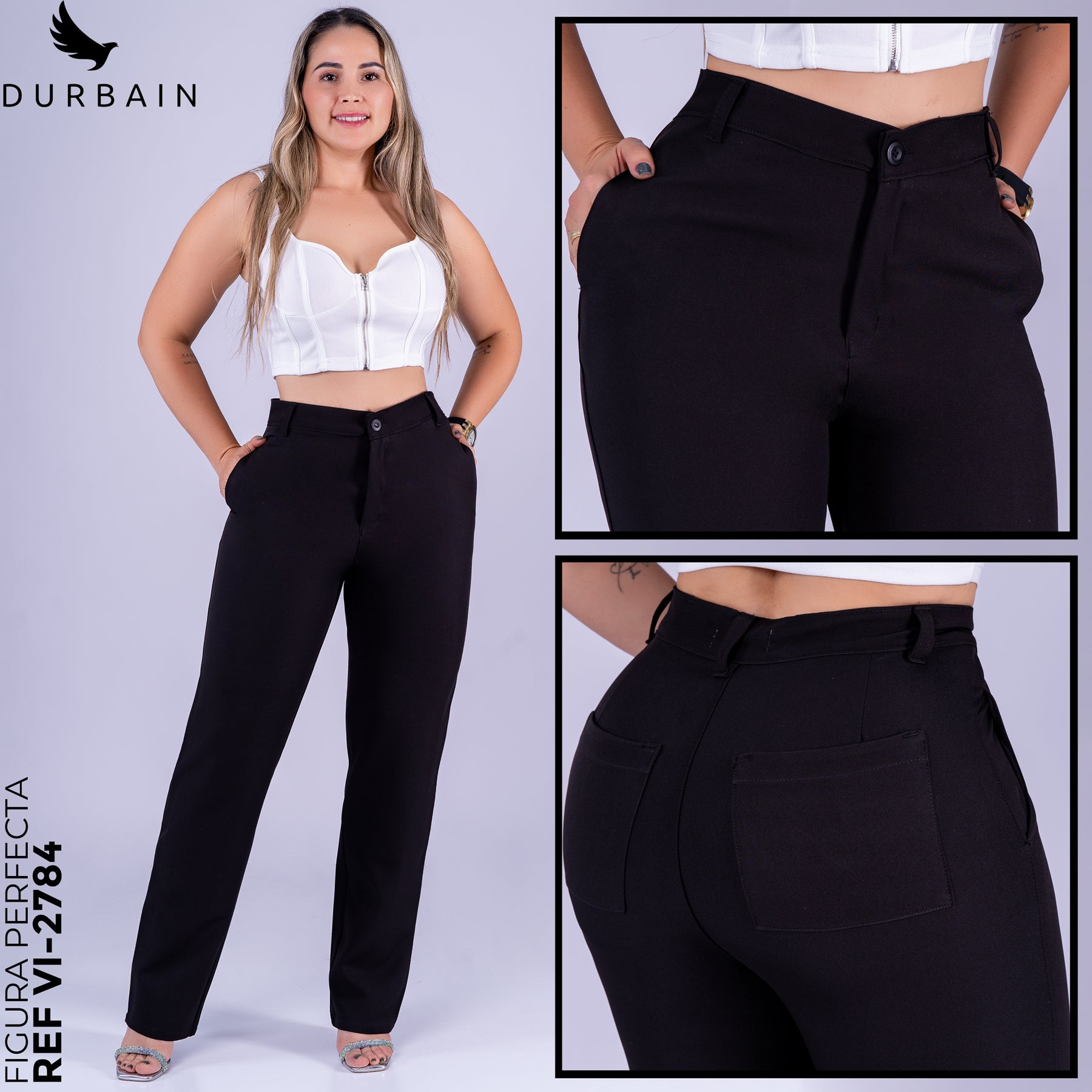 Ref: VI-2784 Pantalón liviano stretch, bota recta, tiro alto, tono negro