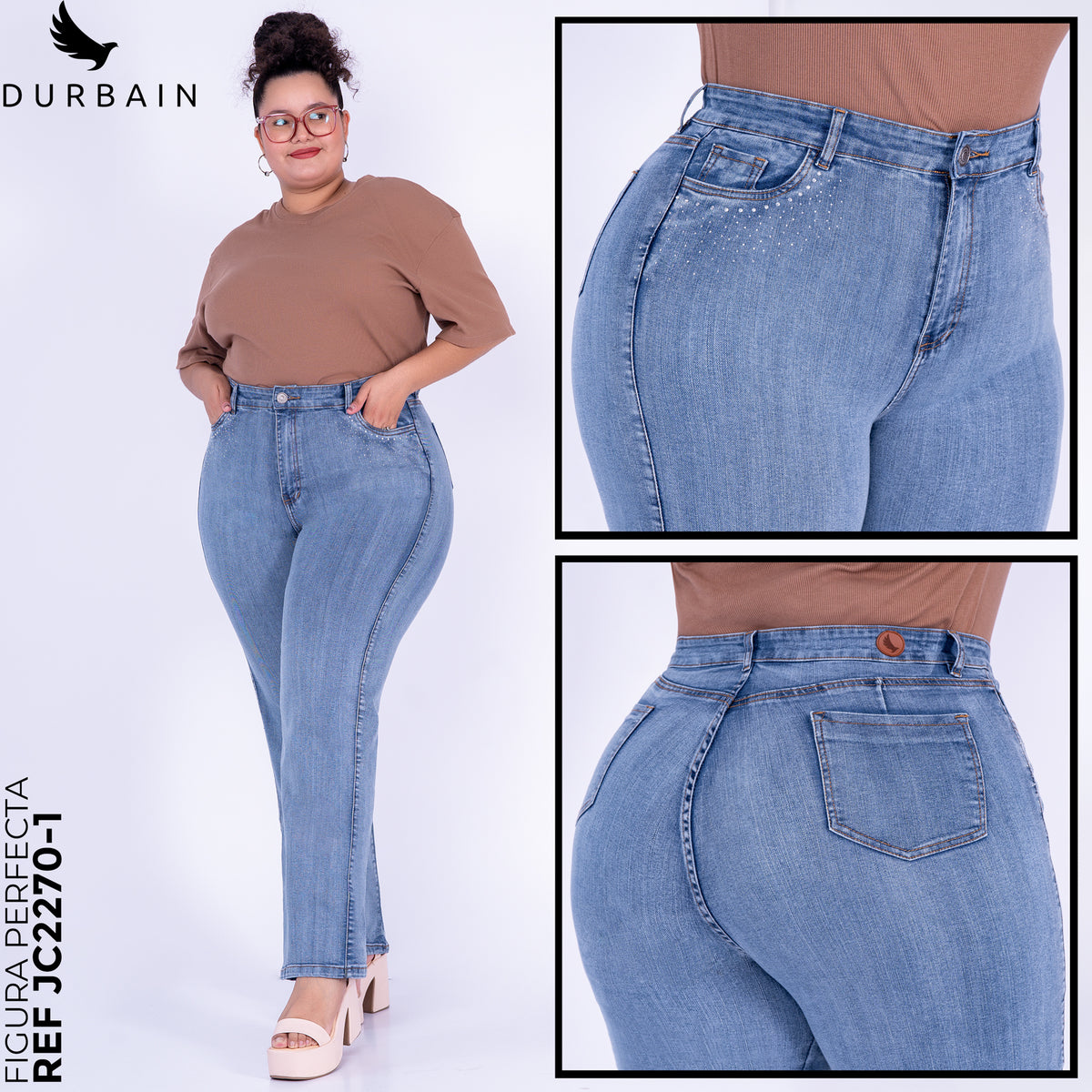 Ref: J-2270-1 Pantalón shiny flare stretch, bota ancha, tiro alto, tono Azul Claro