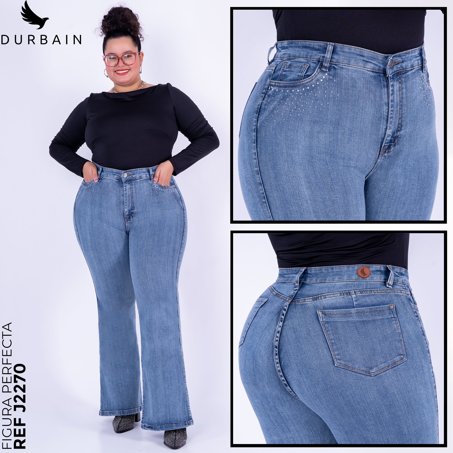 Ref: J-2270 Pantalón shiny flare stretch, bota ancha, tiro alto, tono azul claro