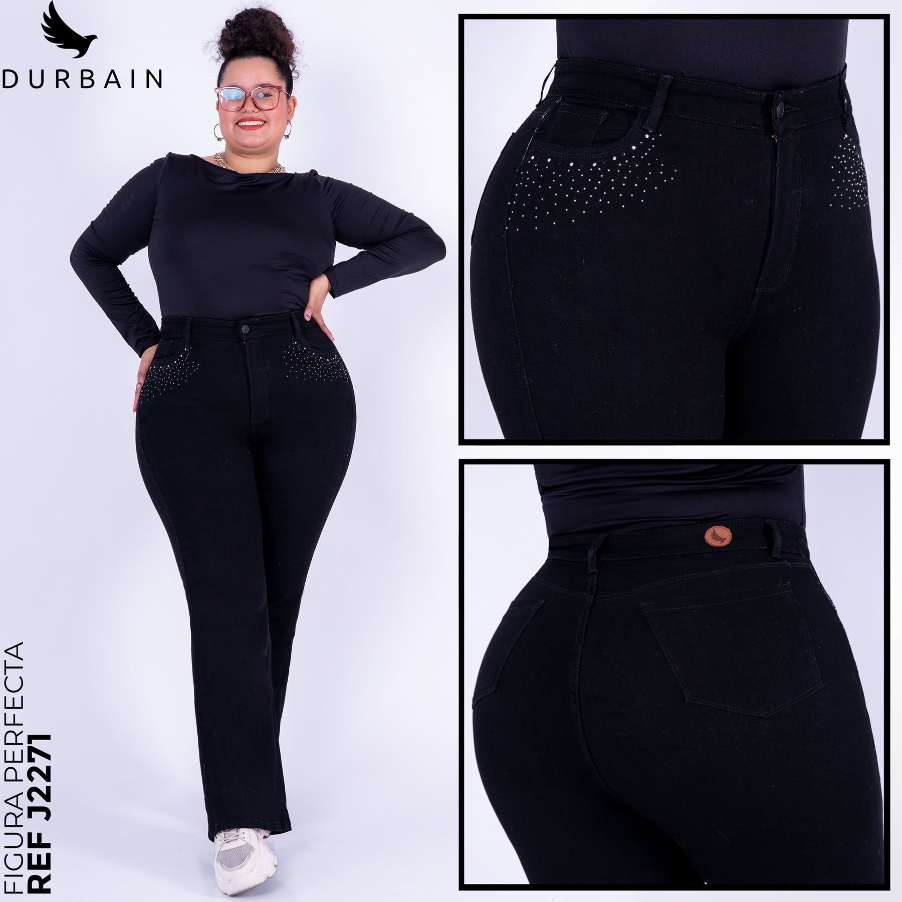 Ref: J-2271 Pantalón shiny flare stretch, bota ancha, tiro alto, tono negro