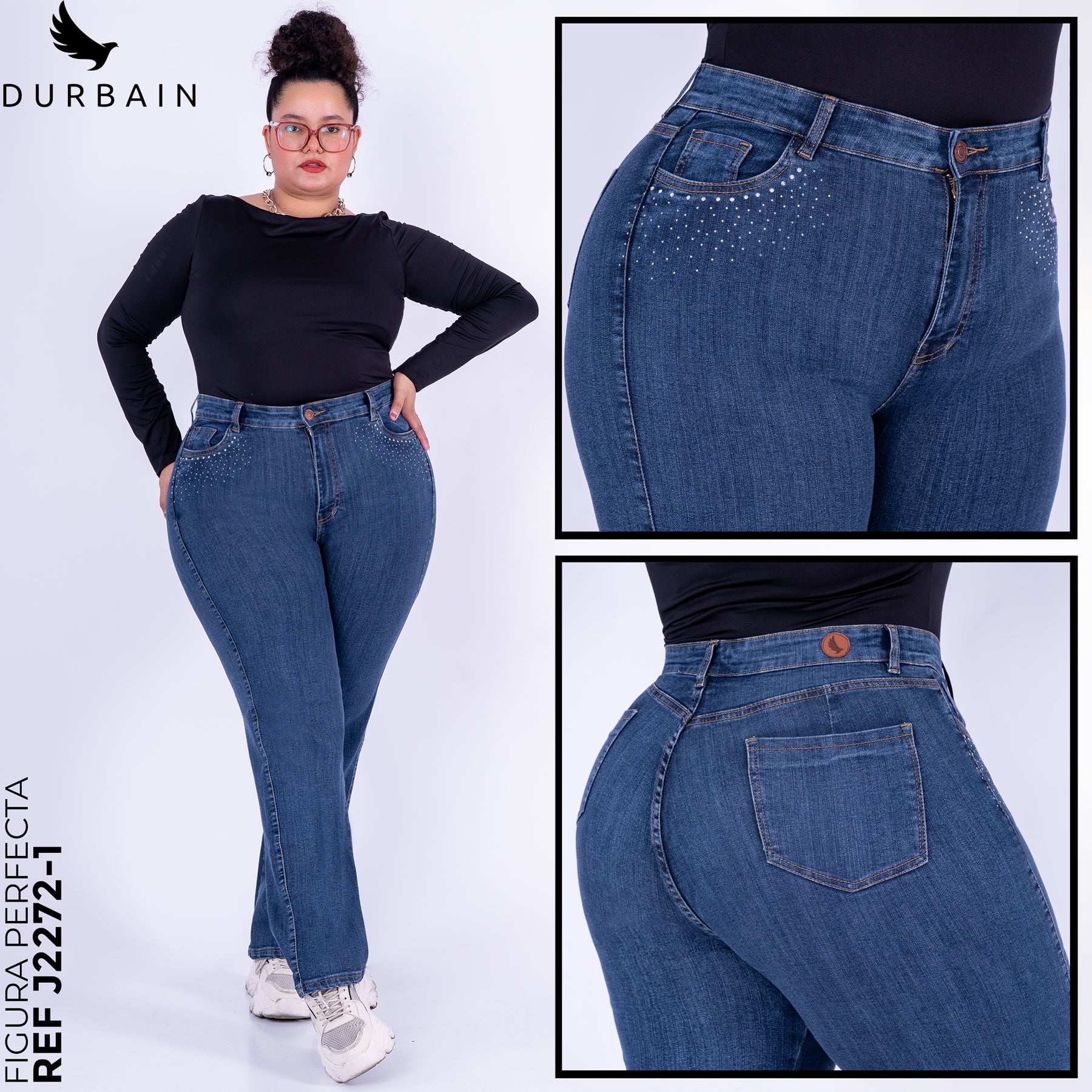 Ref: J-2272-1 Pantalón shiny flare stretch, bota ancha, tiro alto, tono azul
