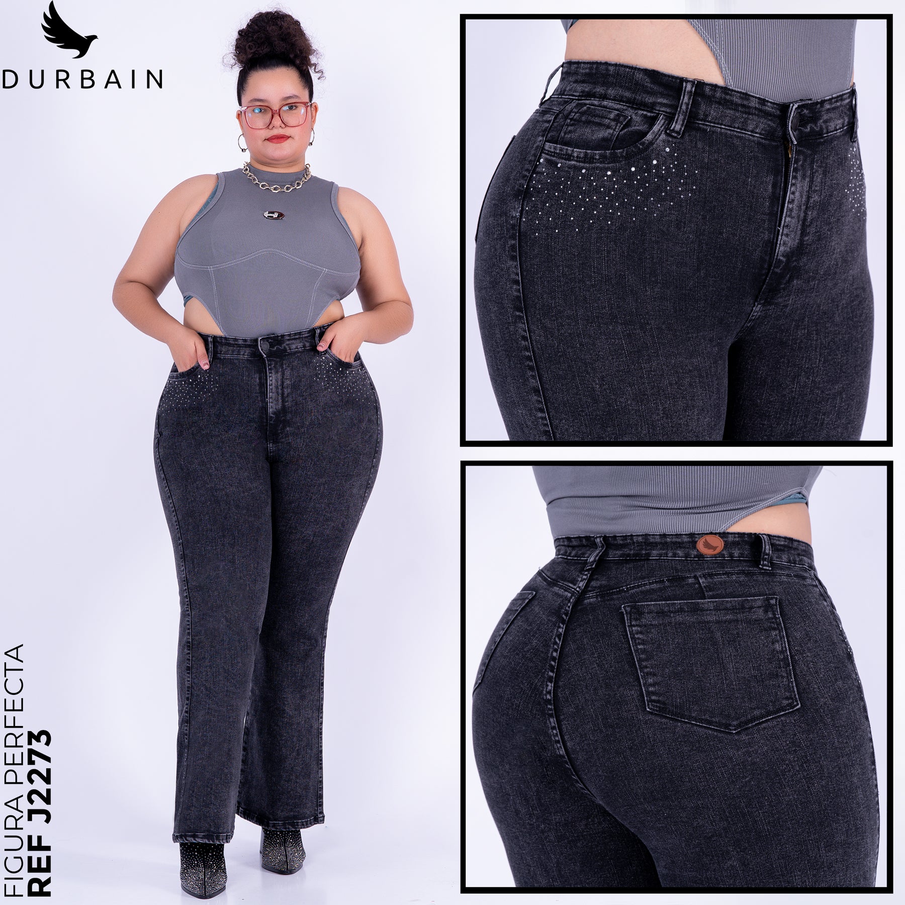 Ref: J-2273 Pantalón shiny flare stretch, bota ancha, tiro alto, tono gris humo