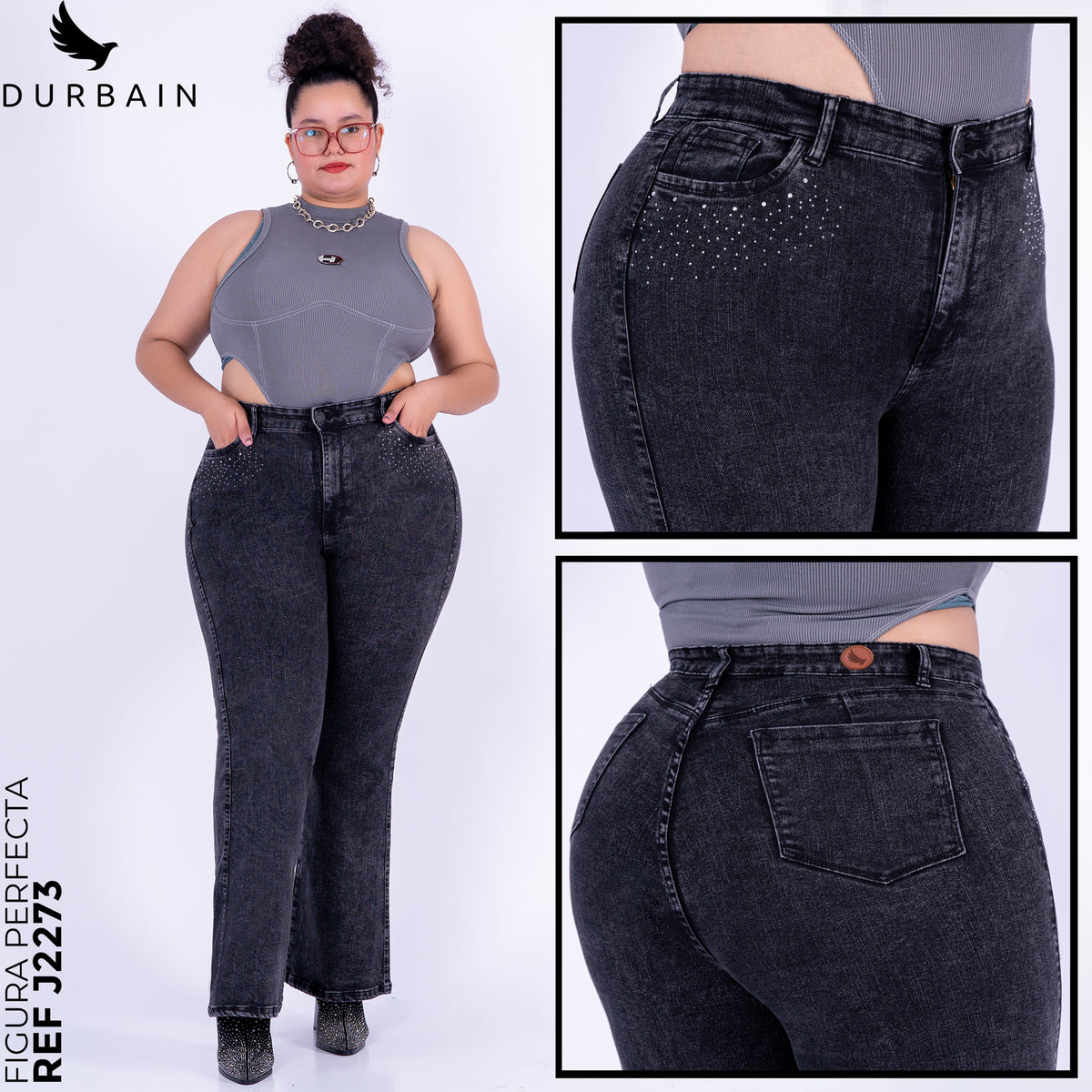 Ref: J-2273 Pantalón shiny flare stretch, bota ancha, tiro alto, tono gris humo