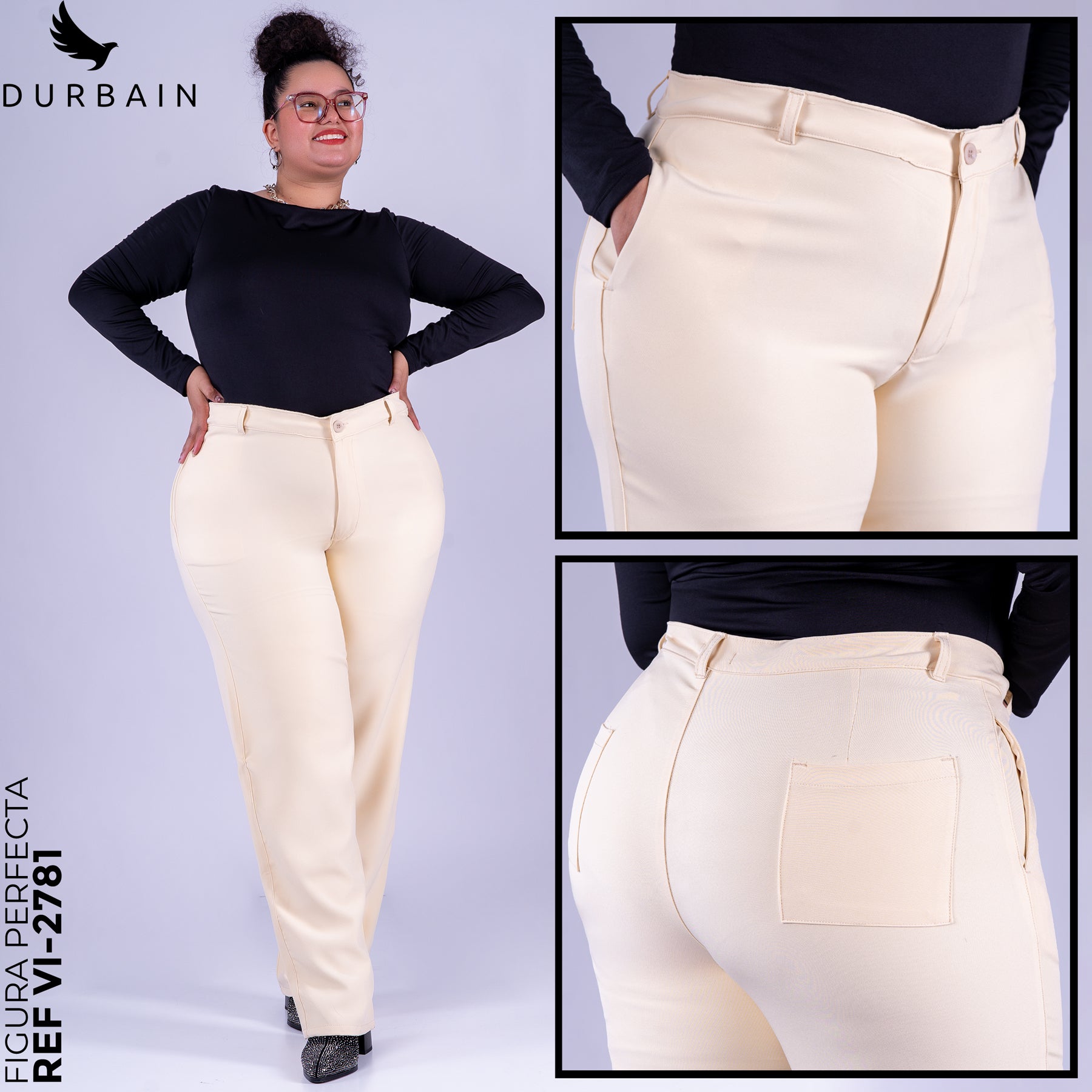 Ref: VI-2781 Pantalón liviano stretch, bota recta, tiro alto, tono marfil