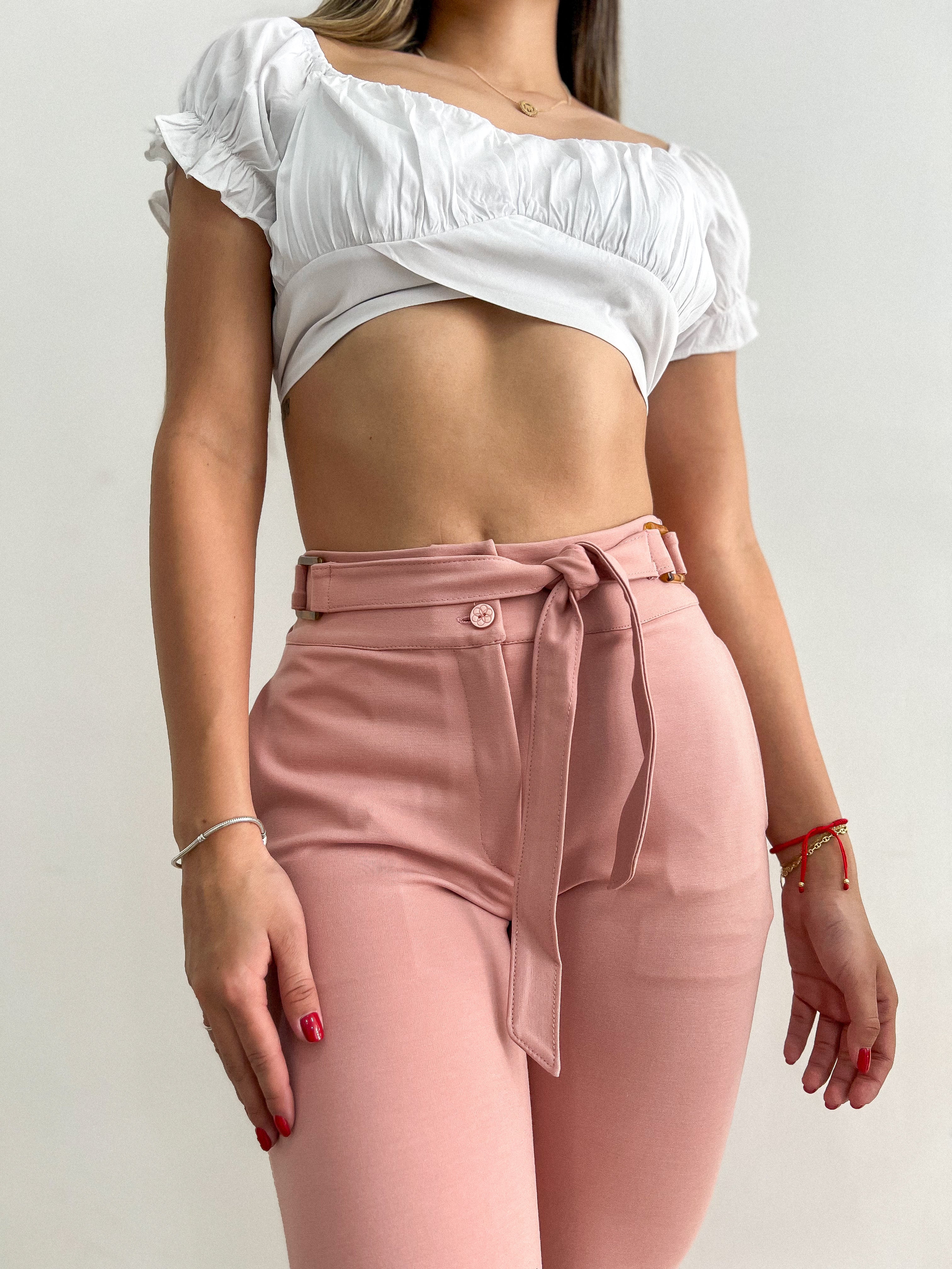 REF: PV-0002 Pantalón clásico en stretch con cinturon de anudar, color Palo Rosa