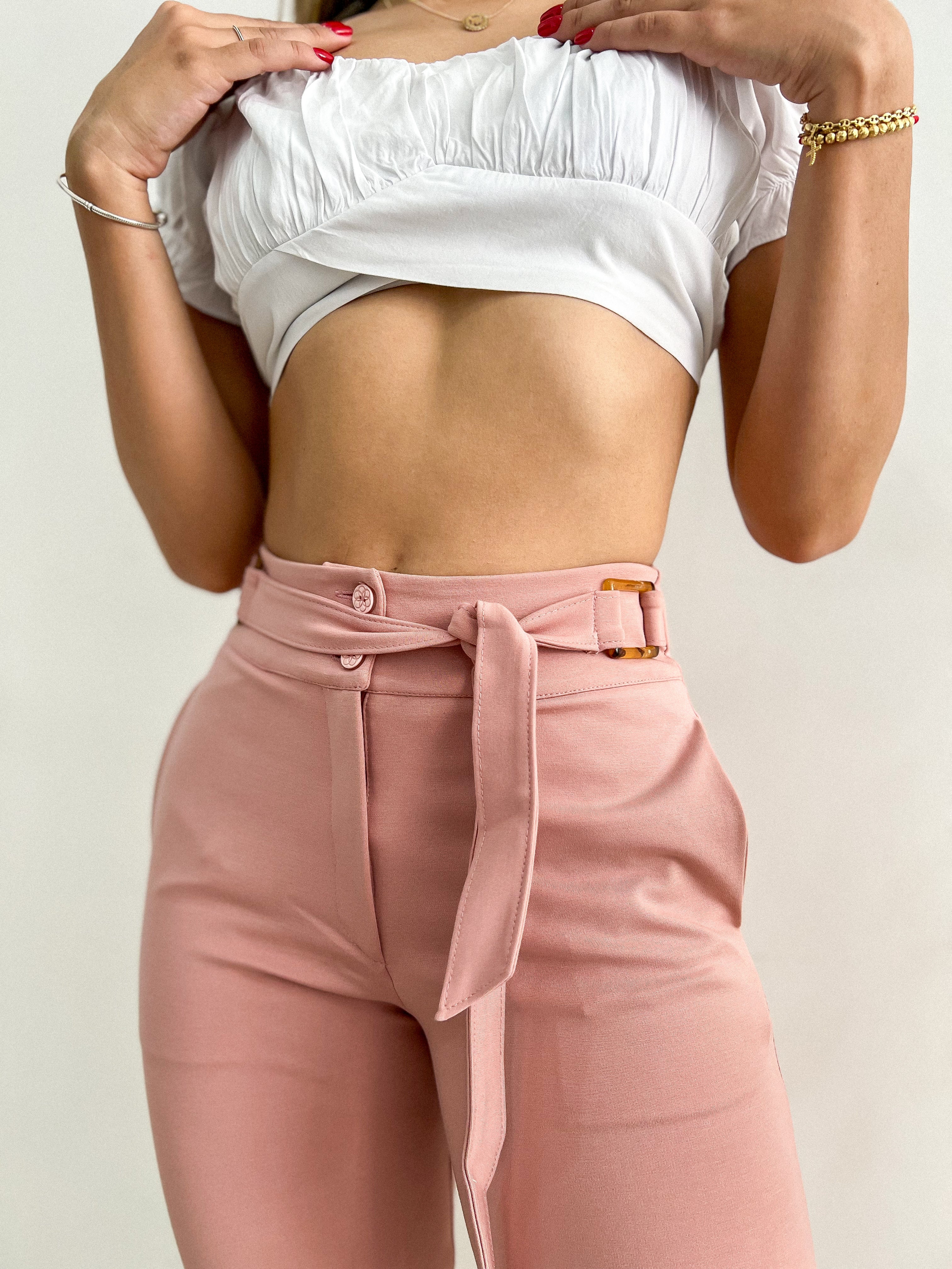 REF: PV-0002 Pantalón clásico en stretch con cinturon de anudar, color Palo Rosa
