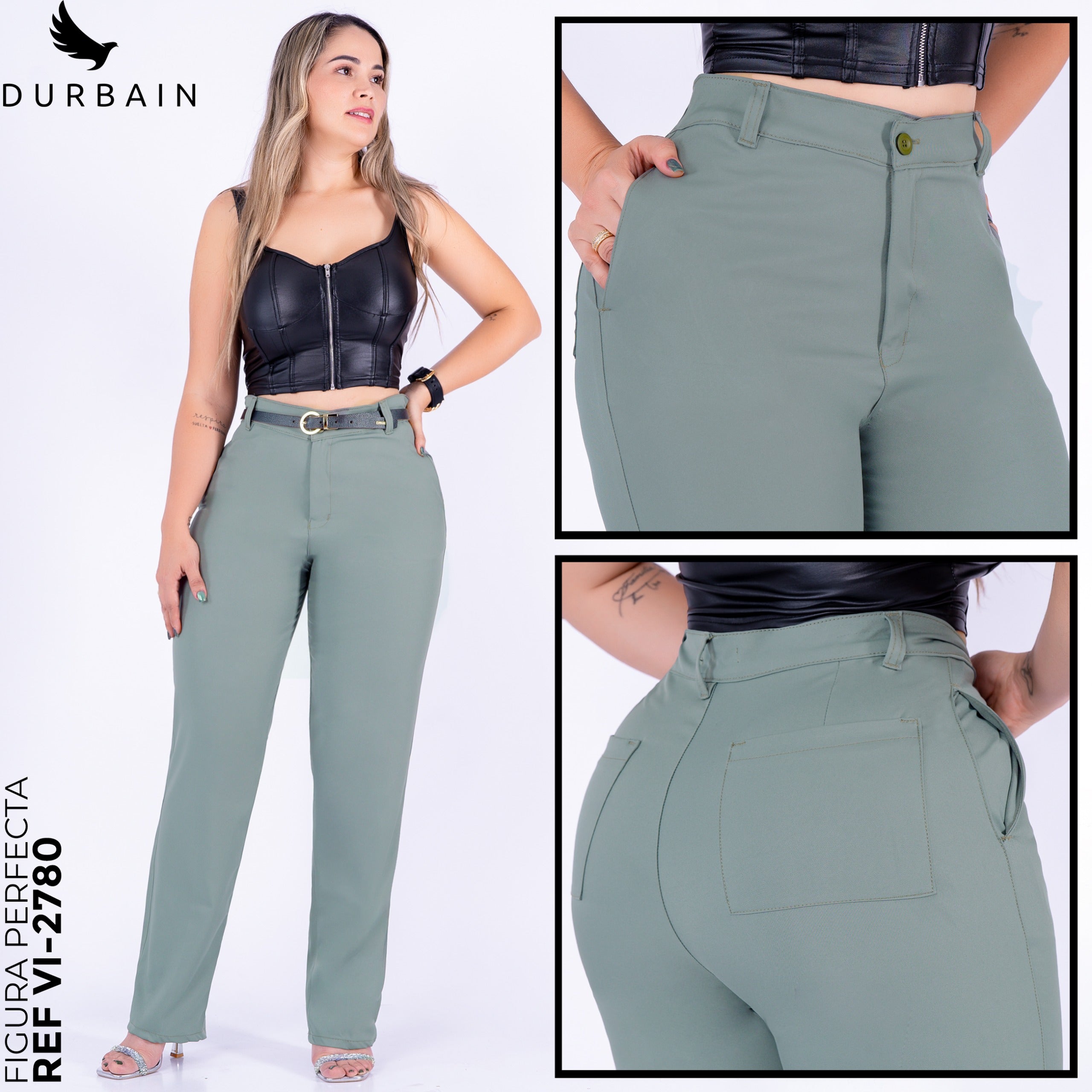 Ref: VI-2780 Pantalón liviano stretch, bota recta, tiro alto, tono verde