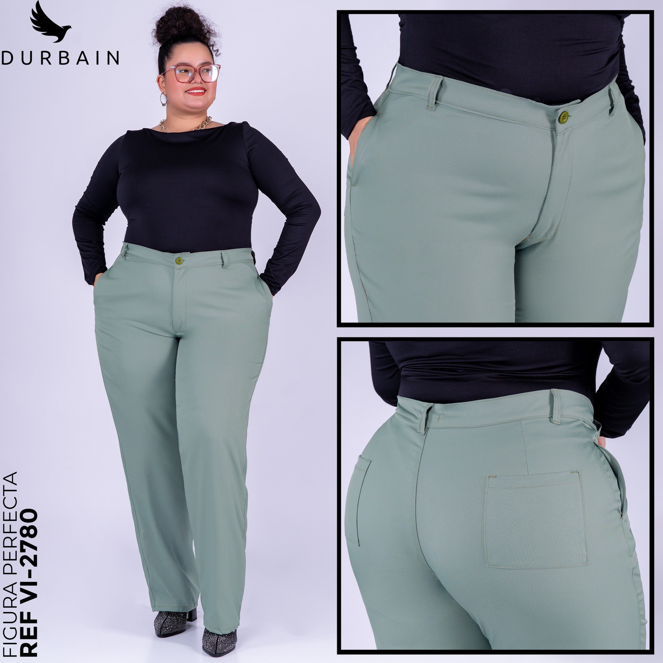 Ref: VI-2780 Pantalón liviano stretch, bota recta, tiro alto, tono verde