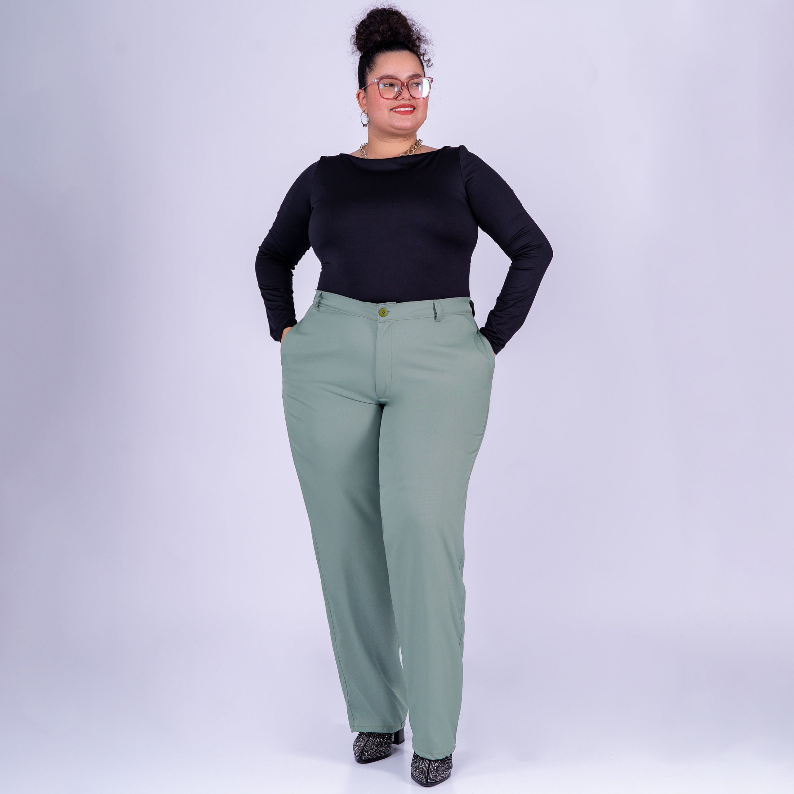 Ref: VI-2780 Pantalón liviano stretch, bota recta, tiro alto, tono verde
